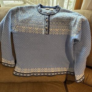 L L BEAN Blue Nordic Fair Isle Pull-Over Sweater - L - Merino Wool Vintage